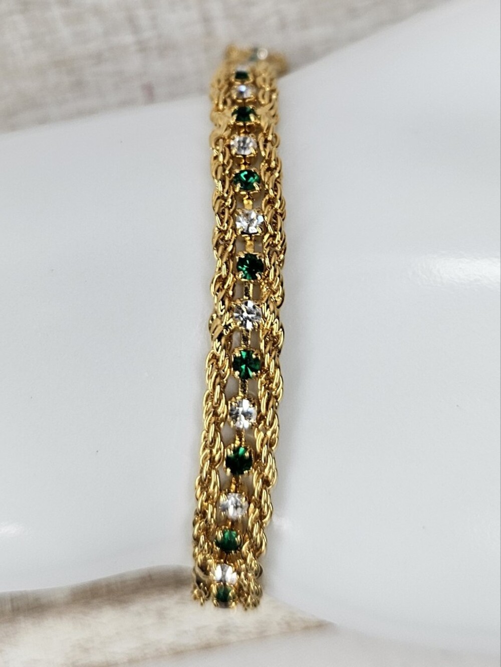 Vintage Gold Tone Emerald Green White CZ Three Strand Tennis Bracelet 7"